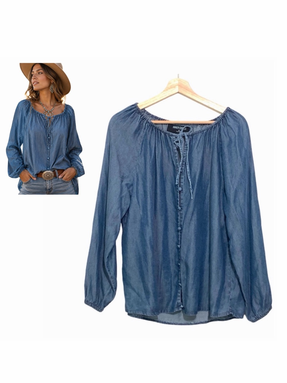 Inner Circle Chambray Long Sleeve Top Blouse Size XL Denim Southwestern XL